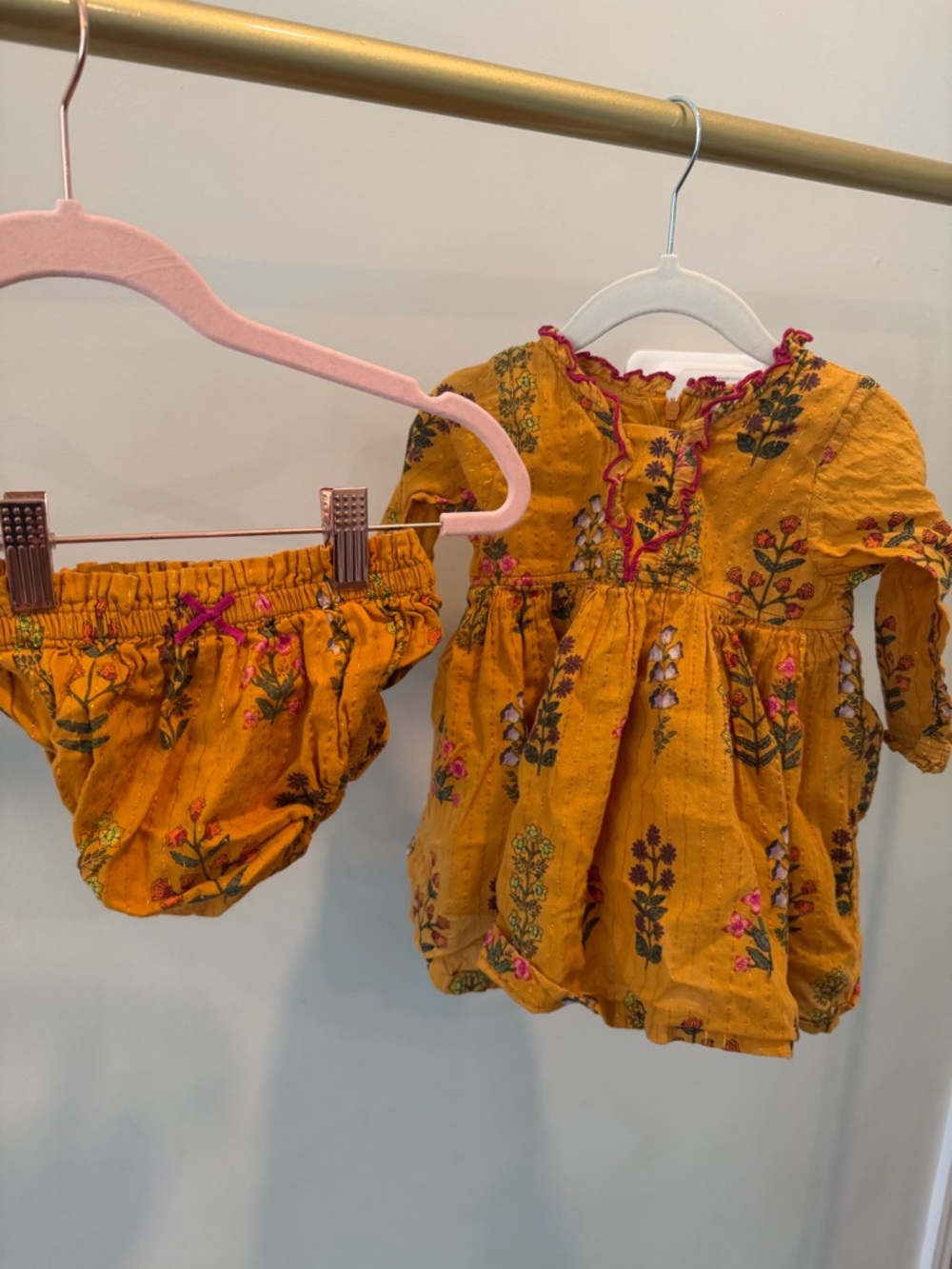 Pink chicken Mustard Floral Baby Dress & Bloomers
